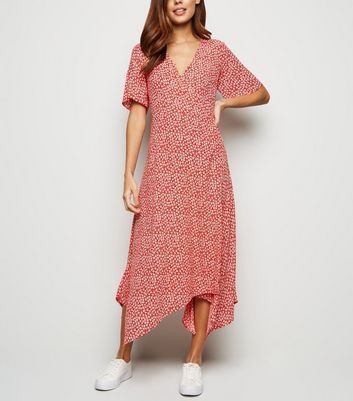 Red Ditsy Floral Hanky Hem Midi Wrap ...